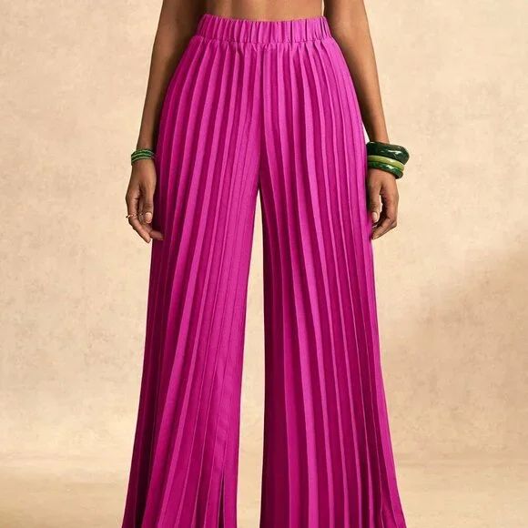 Hot Pink Casual Women's Pleated Elastic Waist Wide-Leg Pants - Picture 7 of 8